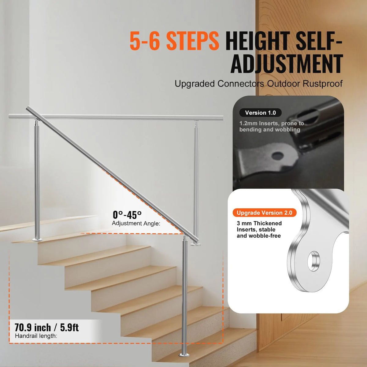 Handrails for Outdoor Steps, 70.9 in/ 180cm Length Stair Hand Rail Kit, Transitional Stainless Steel Railings with Installation Kit, Double-column Staircase Handrails for Seniors,Porch & Deck - Image 3
