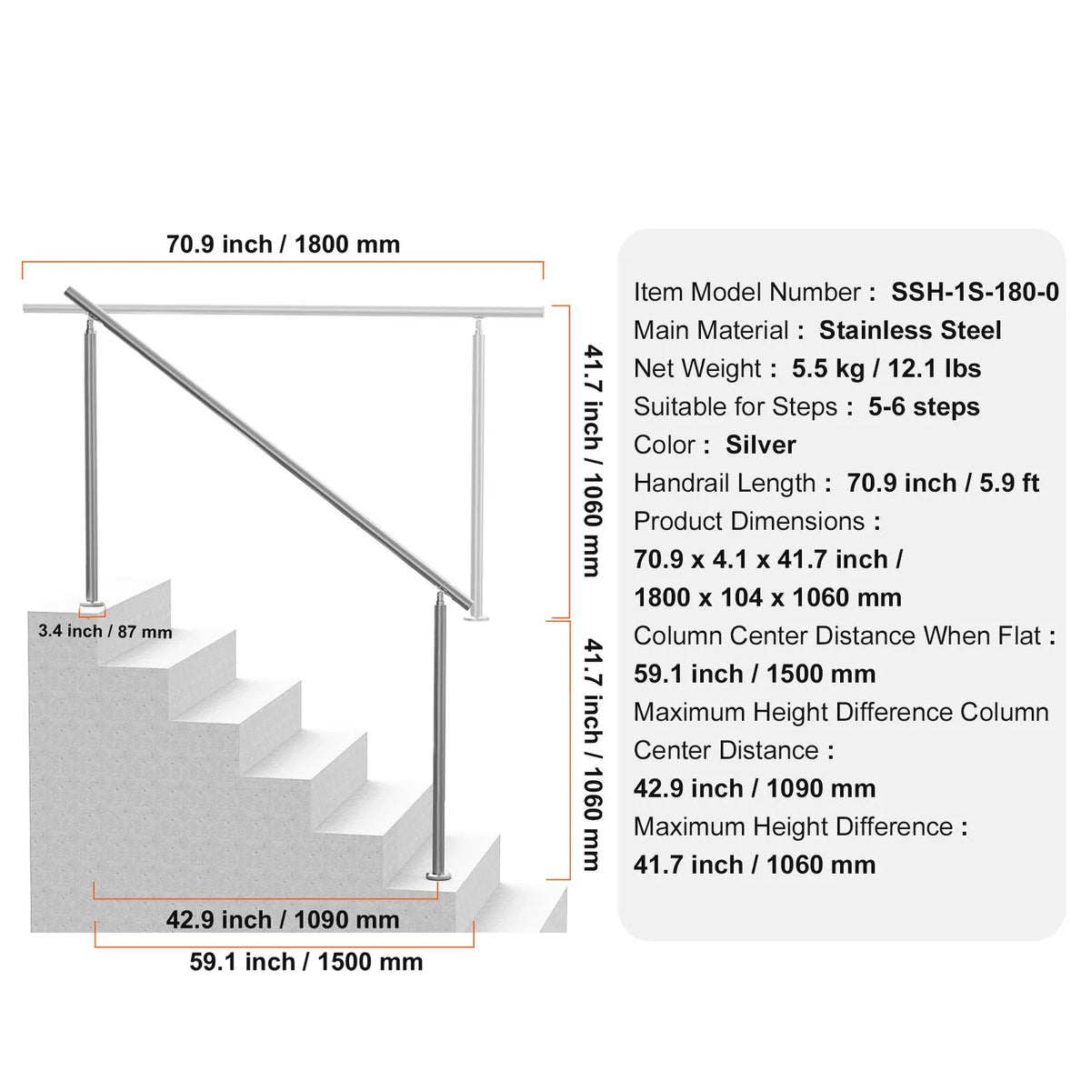 Handrails for Outdoor Steps, 70.9 in/ 180cm Length Stair Hand Rail Kit, Transitional Stainless Steel Railings with Installation Kit, Double-column Staircase Handrails for Seniors,Porch & Deck - Image 7