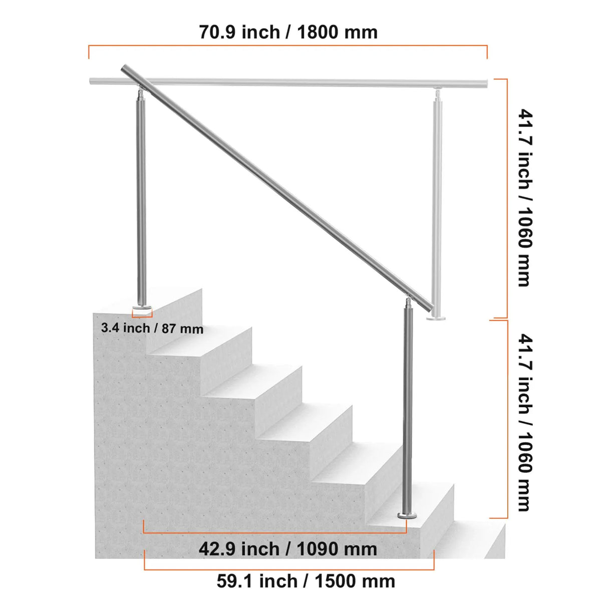 Handrails for Outdoor Steps, 70.9 in/ 180cm Length Stair Hand Rail Kit, Transitional Stainless Steel Railings with Installation Kit, Double-column Staircase Handrails for Seniors,Porch & Deck - Image 8