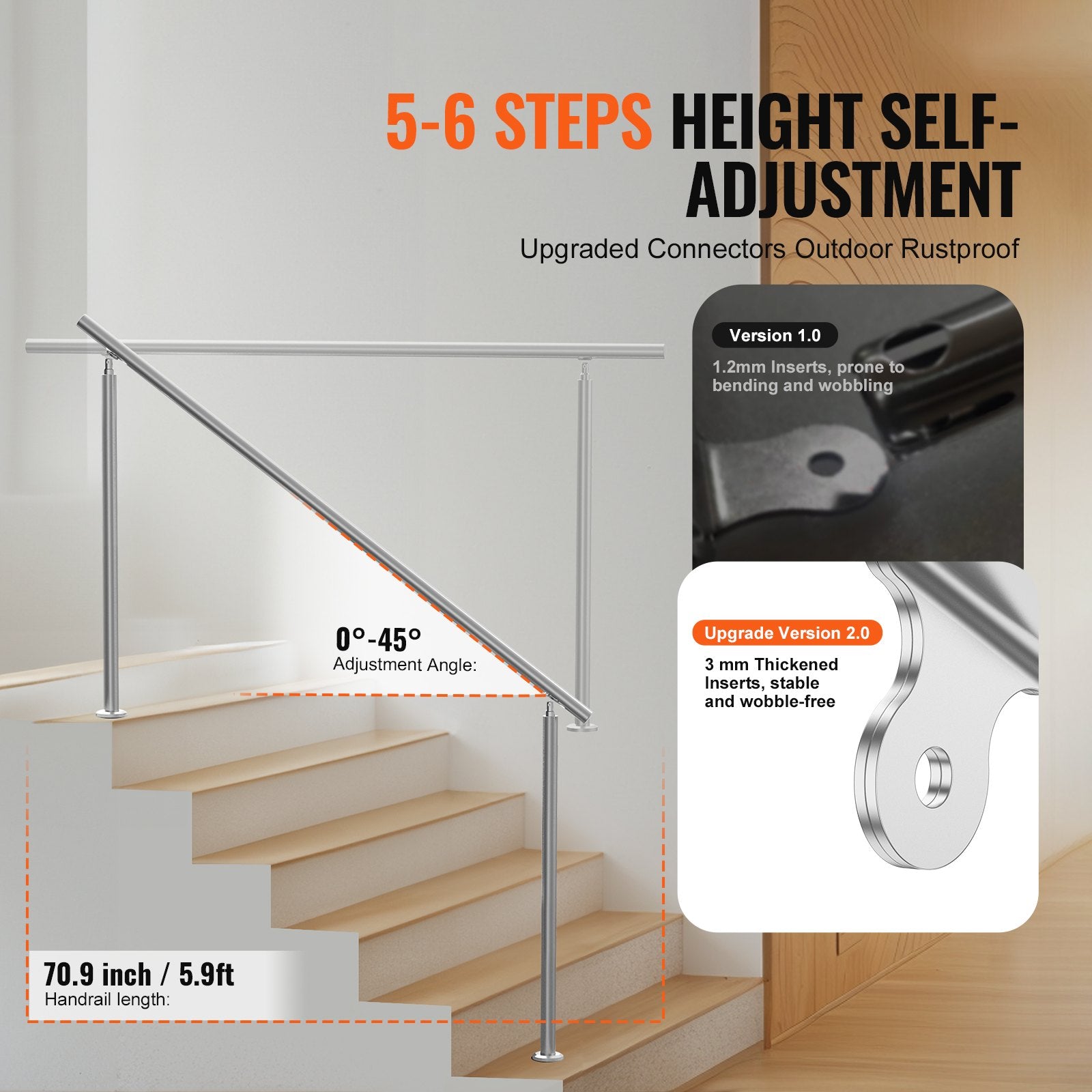 Handrails for Outdoor Steps, 70.9 in/ 180cm Length Stair Hand Rail Kit, Transitional Stainless Steel Railings with Installation Kit, Double-column Staircase Handrails for Seniors,Porch & Deck - Image 3