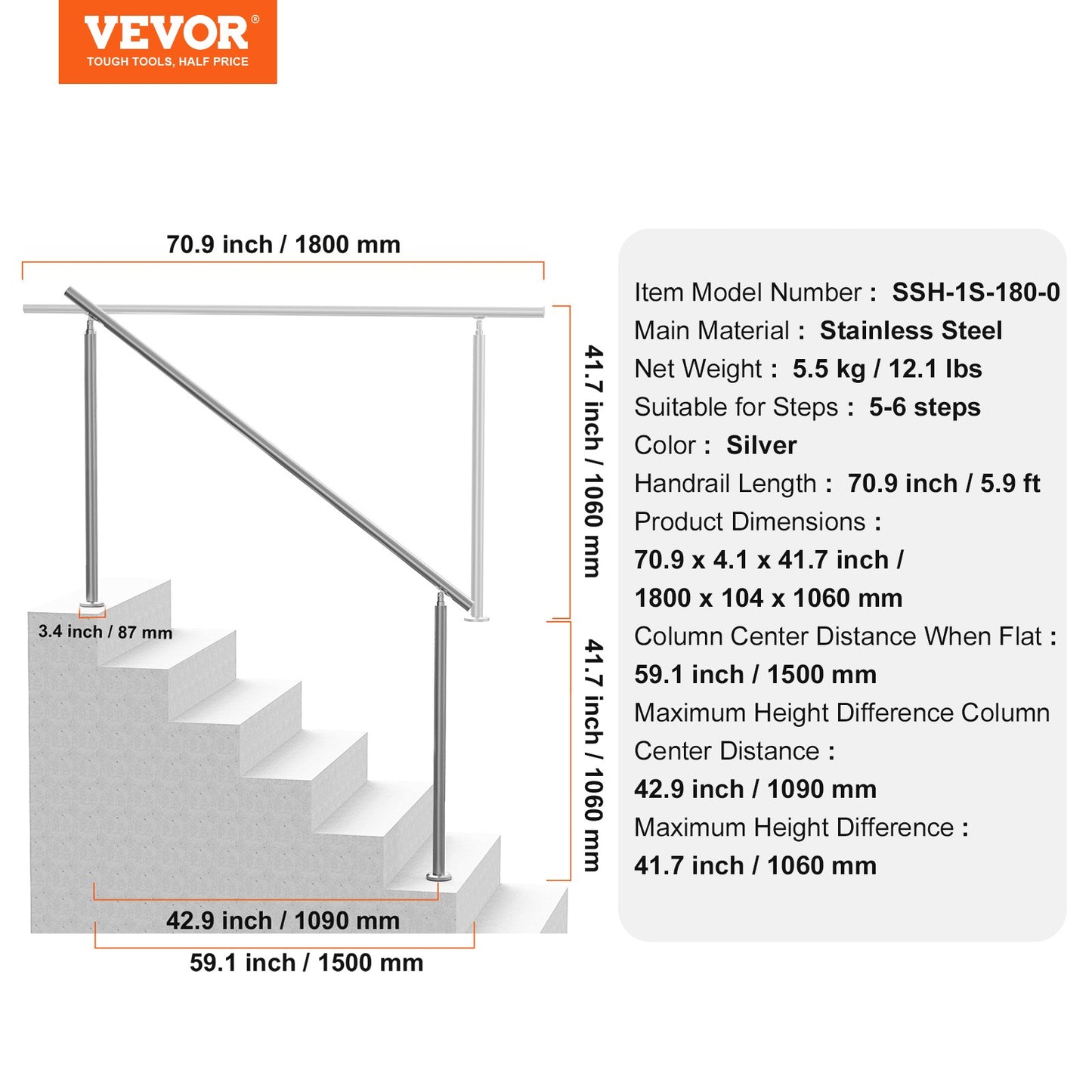 Handrails for Outdoor Steps, 70.9 in/ 180cm Length Stair Hand Rail Kit, Transitional Stainless Steel Railings with Installation Kit, Double-column Staircase Handrails for Seniors,Porch & Deck - Image 7