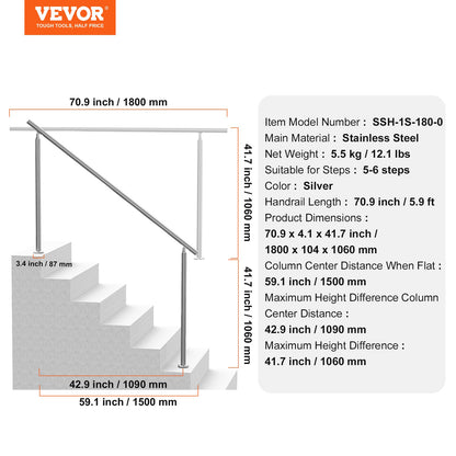 Handrails for Outdoor Steps, 70.9 in/ 180cm Length Stair Hand Rail Kit, Transitional Stainless Steel Railings with Installation Kit, Double-column Staircase Handrails for Seniors,Porch & Deck - Image 7