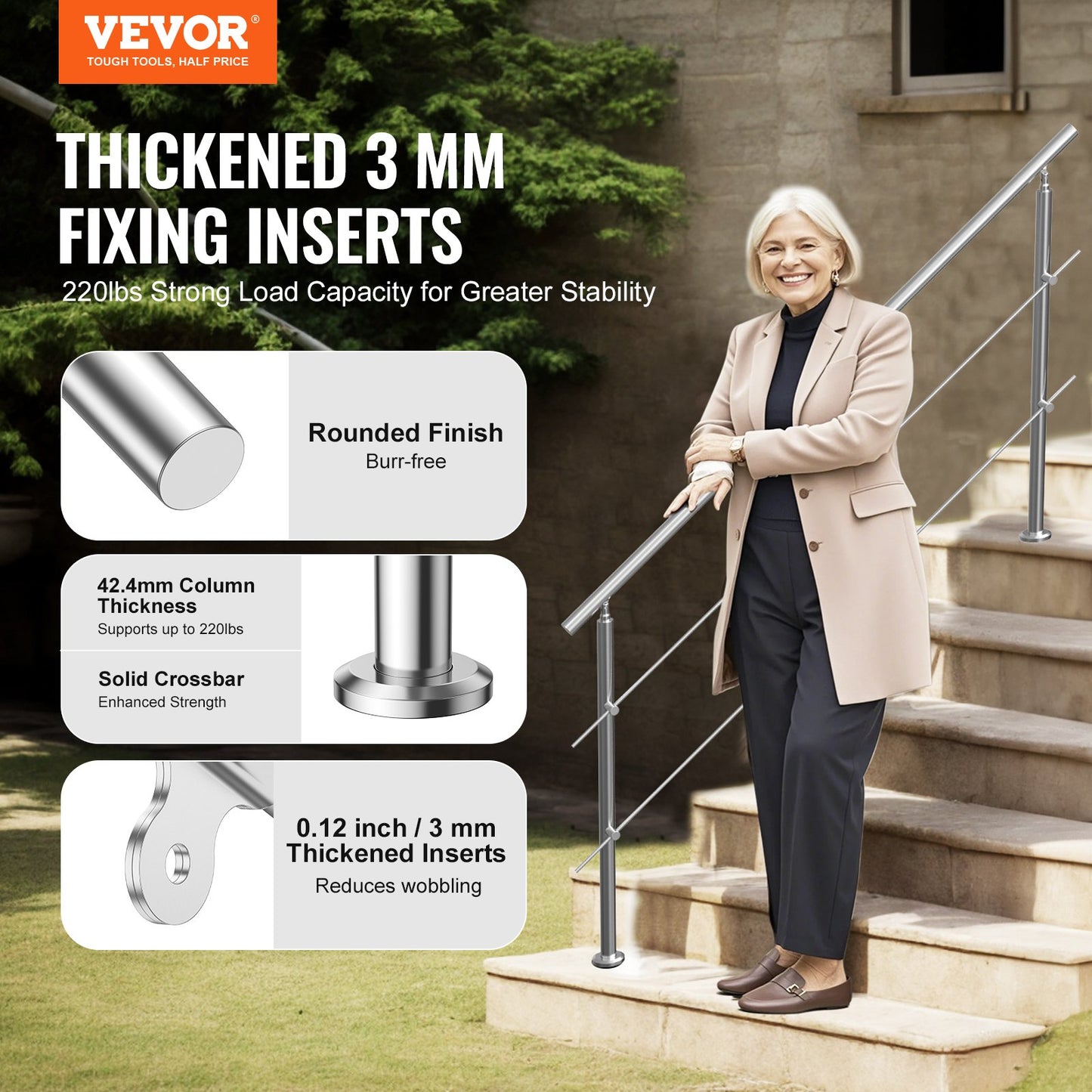 Handrails for Outdoor Steps, 70.9in Length 2 Crossbars Stair Hand Rail Kit, Transitional Stainless Steel Railings w/ Installation Kit, Double-column Staircase Handrails for Seniors,Porch & Deck - Image 2