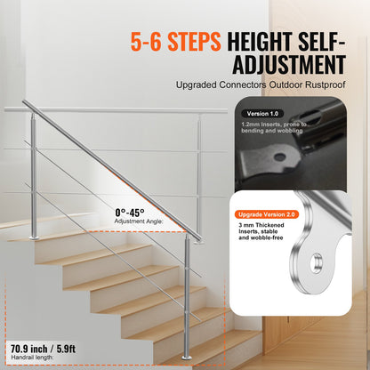 Handrails for Outdoor Steps, 70.9in Length 2 Crossbars Stair Hand Rail Kit, Transitional Stainless Steel Railings w/ Installation Kit, Double-column Staircase Handrails for Seniors,Porch & Deck - Image 3