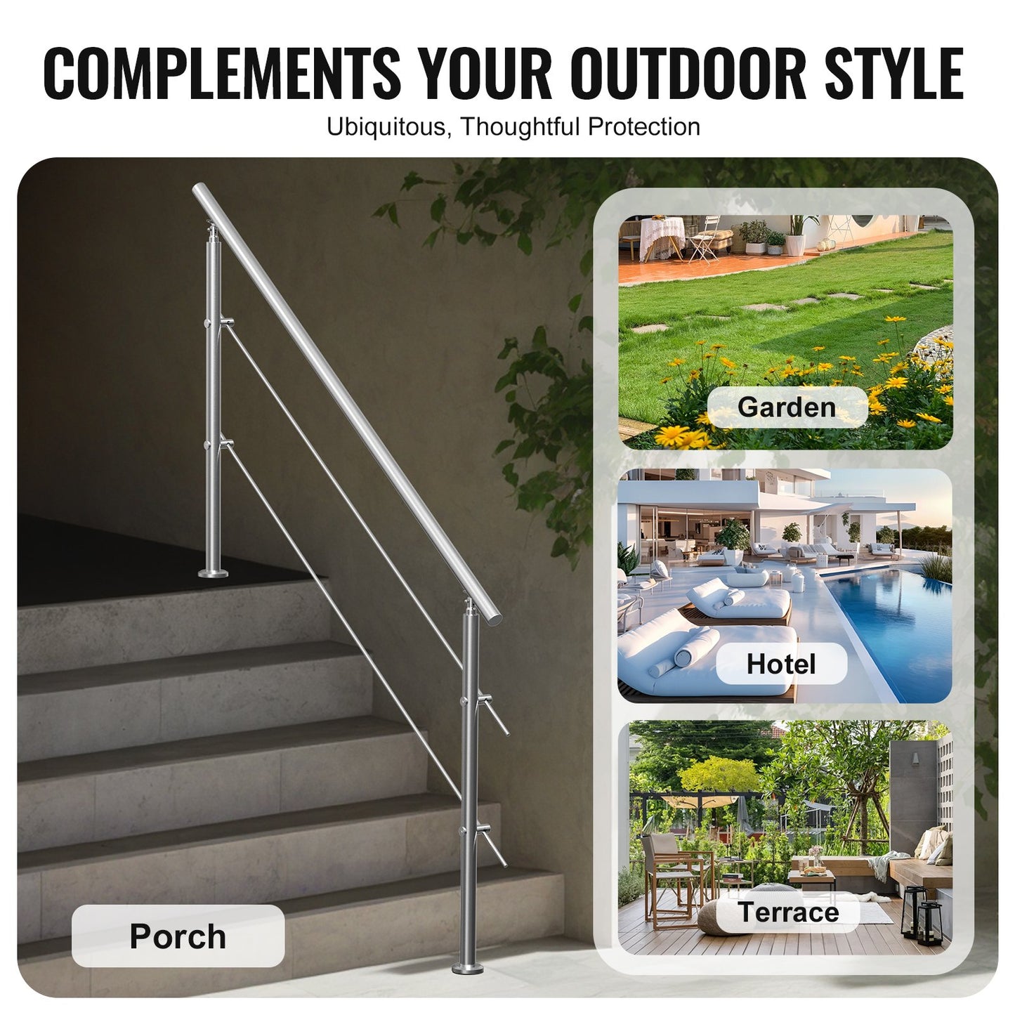 Handrails for Outdoor Steps, 70.9in Length 2 Crossbars Stair Hand Rail Kit, Transitional Stainless Steel Railings w/ Installation Kit, Double-column Staircase Handrails for Seniors,Porch & Deck - Image 6