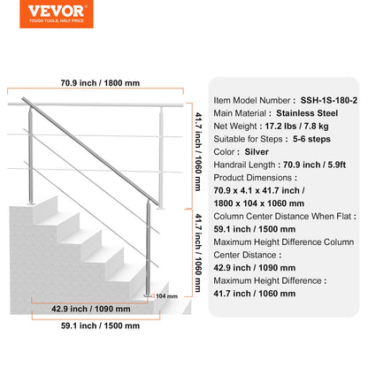 Handrails for Outdoor Steps, 70.9in Length 2 Crossbars Stair Hand Rail Kit, Transitional Stainless Steel Railings w/ Installation Kit, Double-column Staircase Handrails for Seniors,Porch & Deck - Image 7