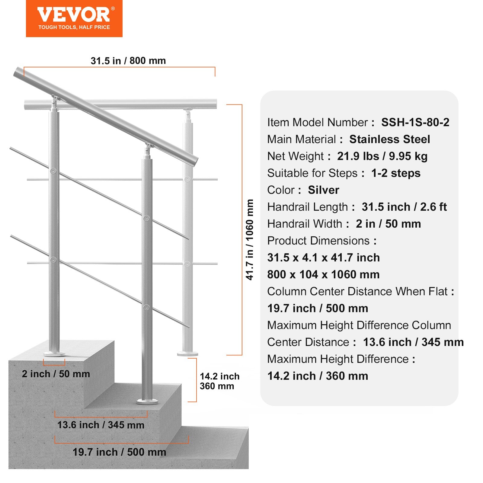 Handrails for Outdoor Steps, 31.5in Length 2 Crossbars Stair Hand Rail Kit, Transitional Stainless Steel Railings w/ Installation Kit, Double-column Staircase Handrails for Seniors,Porch & Deck - Image 7
