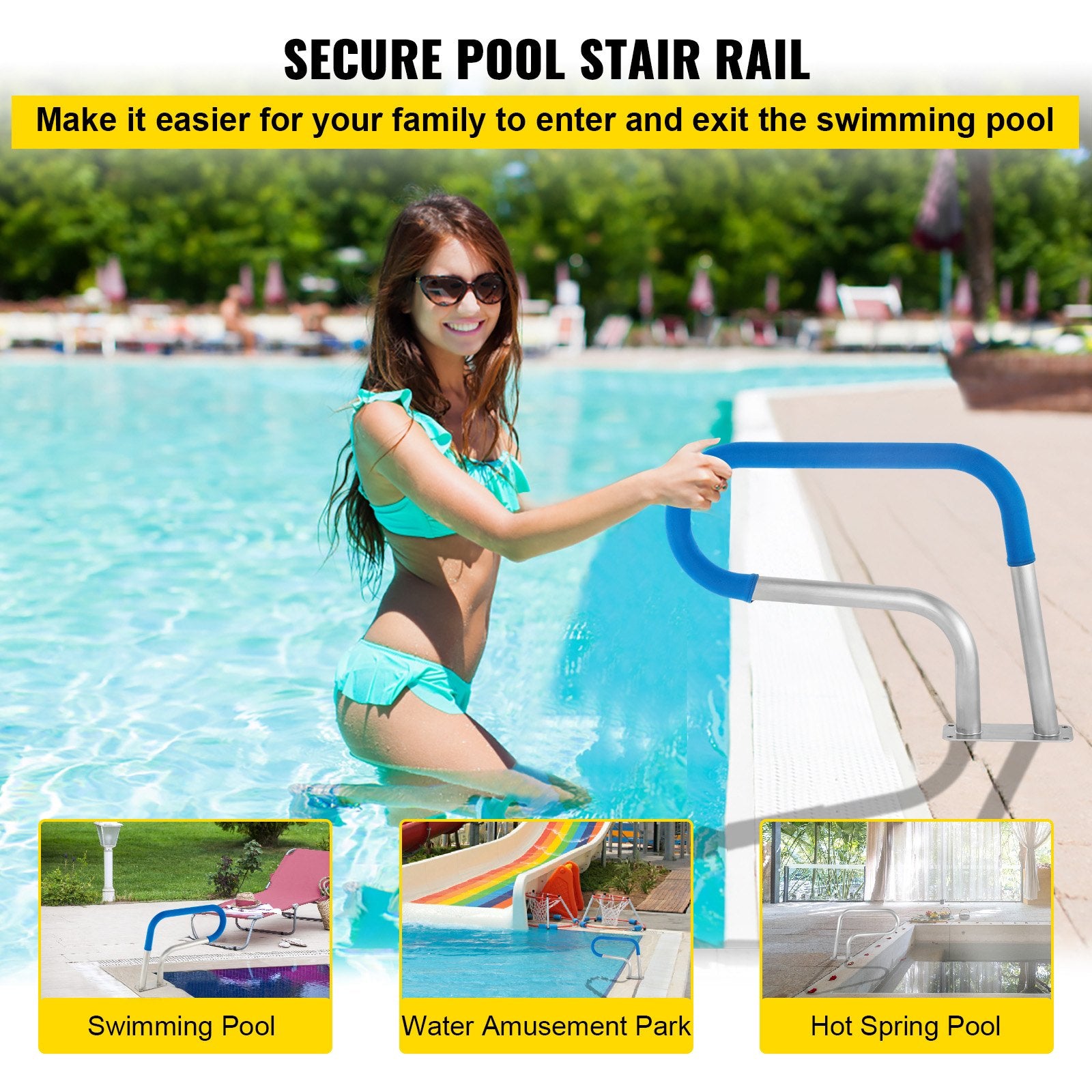 Pool Rail 30x22 Pool Railing 304 Stainless Steel 250LBS Load Capacity Silver Rustproof Pool Handrail Humanized Swimming Pool Handrail with Blue Grip Cover & M8 Drill Bit & Self-Taping Screws - Image 2
