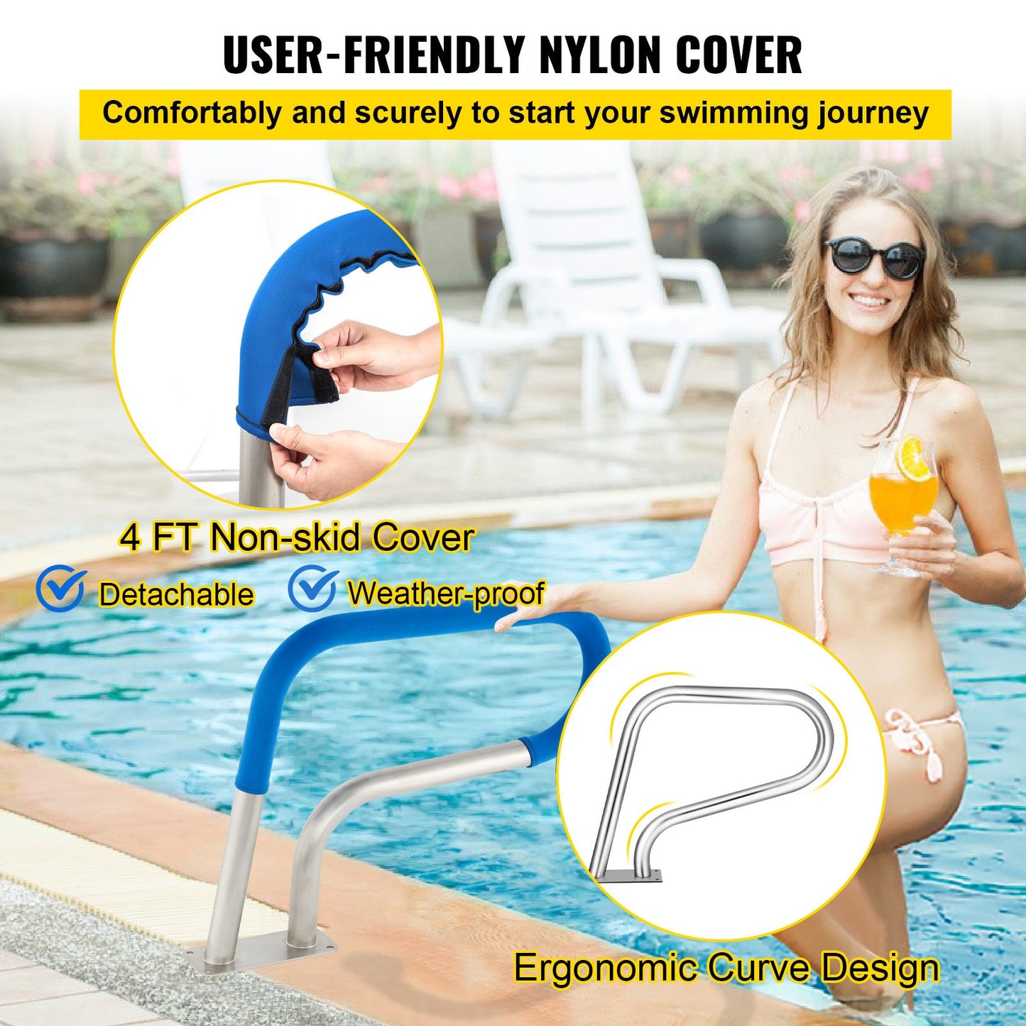 Pool Rail 30x22 Pool Railing 304 Stainless Steel 250LBS Load Capacity Silver Rustproof Pool Handrail Humanized Swimming Pool Handrail with Blue Grip Cover & M8 Drill Bit & Self-Taping Screws - Image 3