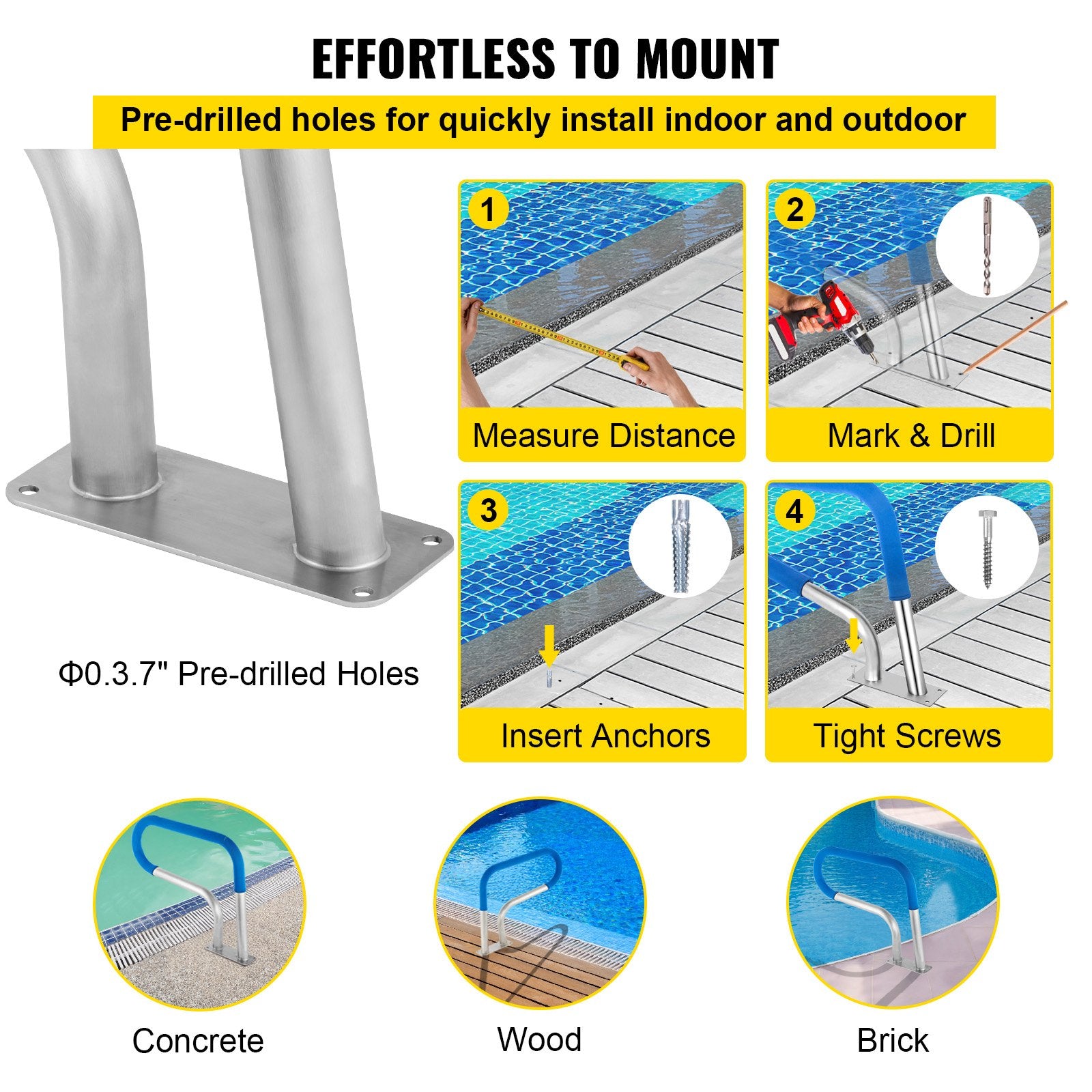 Pool Rail 30x22 Pool Railing 304 Stainless Steel 250LBS Load Capacity Silver Rustproof Pool Handrail Humanized Swimming Pool Handrail with Blue Grip Cover & M8 Drill Bit & Self-Taping Screws - Image 5