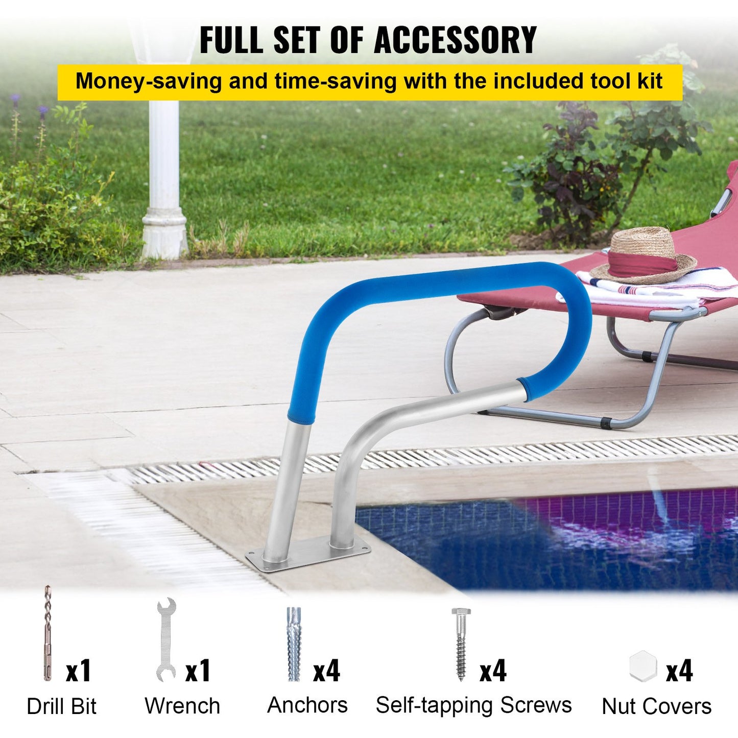 Pool Rail 30x22 Pool Railing 304 Stainless Steel 250LBS Load Capacity Silver Rustproof Pool Handrail Humanized Swimming Pool Handrail with Blue Grip Cover & M8 Drill Bit & Self-Taping Screws - Image 6
