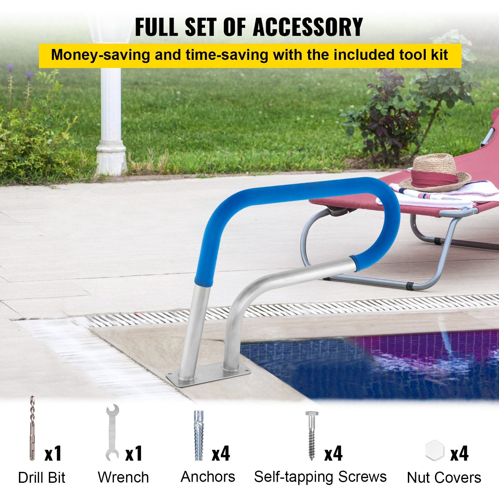 Pool Rail 30x22 Pool Railing 304 Stainless Steel 250LBS Load Capacity Silver Rustproof Pool Handrail Humanized Swimming Pool Handrail with Blue Grip Cover & M8 Drill Bit & Self-Taping Screws - Image 6