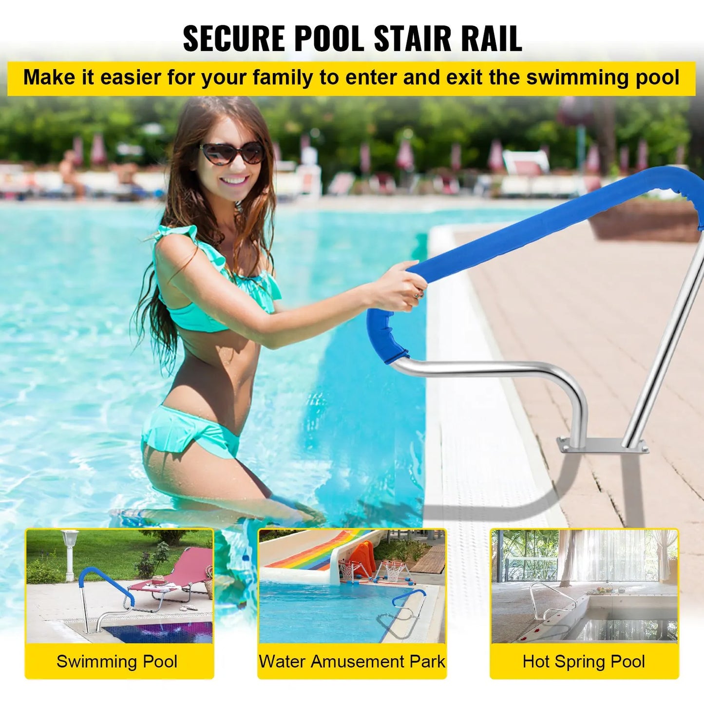 Pool Rail 39x32 Pool Railing 304 Stainless Steel 250LBS Load Capacity Silver Rustproof Pool Handrail Humanized Swimming Pool Handrail with Blue Grip Cover & M8 Drill Bit & Self-Taping Screws - Image 2