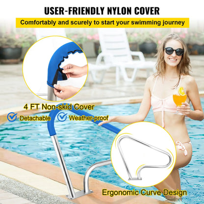 Pool Rail 39x32 Pool Railing 304 Stainless Steel 250LBS Load Capacity Silver Rustproof Pool Handrail Humanized Swimming Pool Handrail with Blue Grip Cover & M8 Drill Bit & Self-Taping Screws - Image 3