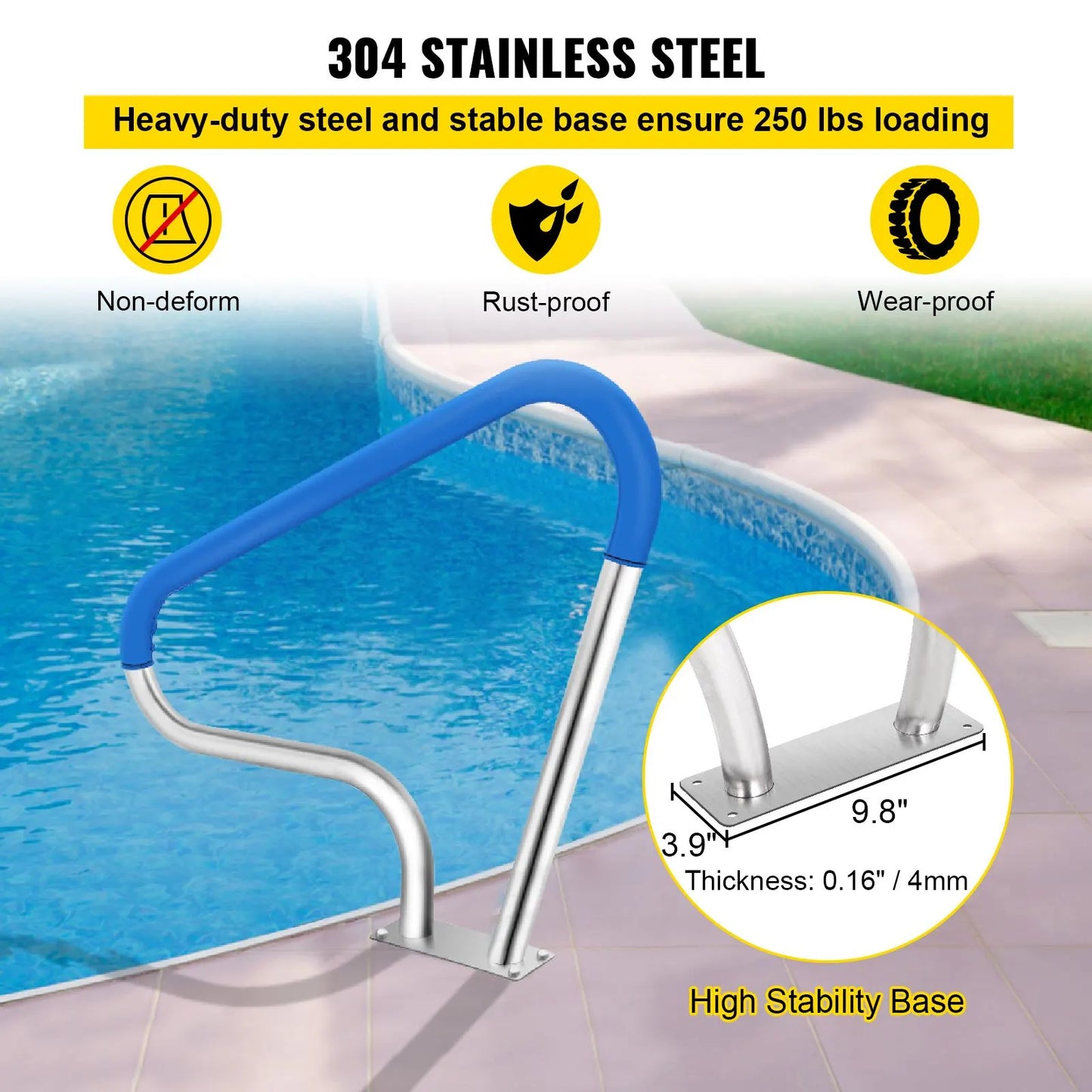 Pool Rail 39x32 Pool Railing 304 Stainless Steel 250LBS Load Capacity Silver Rustproof Pool Handrail Humanized Swimming Pool Handrail with Blue Grip Cover & M8 Drill Bit & Self-Taping Screws - Image 4