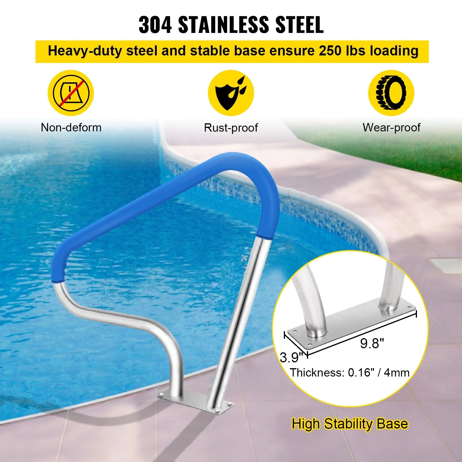 Pool Rail 39x32 Pool Railing 304 Stainless Steel 250LBS Load Capacity Silver Rustproof Pool Handrail Humanized Swimming Pool Handrail with Blue Grip Cover & M8 Drill Bit & Self-Taping Screws - Image 4