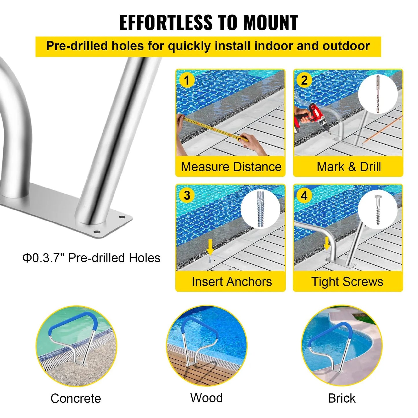 Pool Rail 39x32 Pool Railing 304 Stainless Steel 250LBS Load Capacity Silver Rustproof Pool Handrail Humanized Swimming Pool Handrail with Blue Grip Cover & M8 Drill Bit & Self-Taping Screws - Image 5