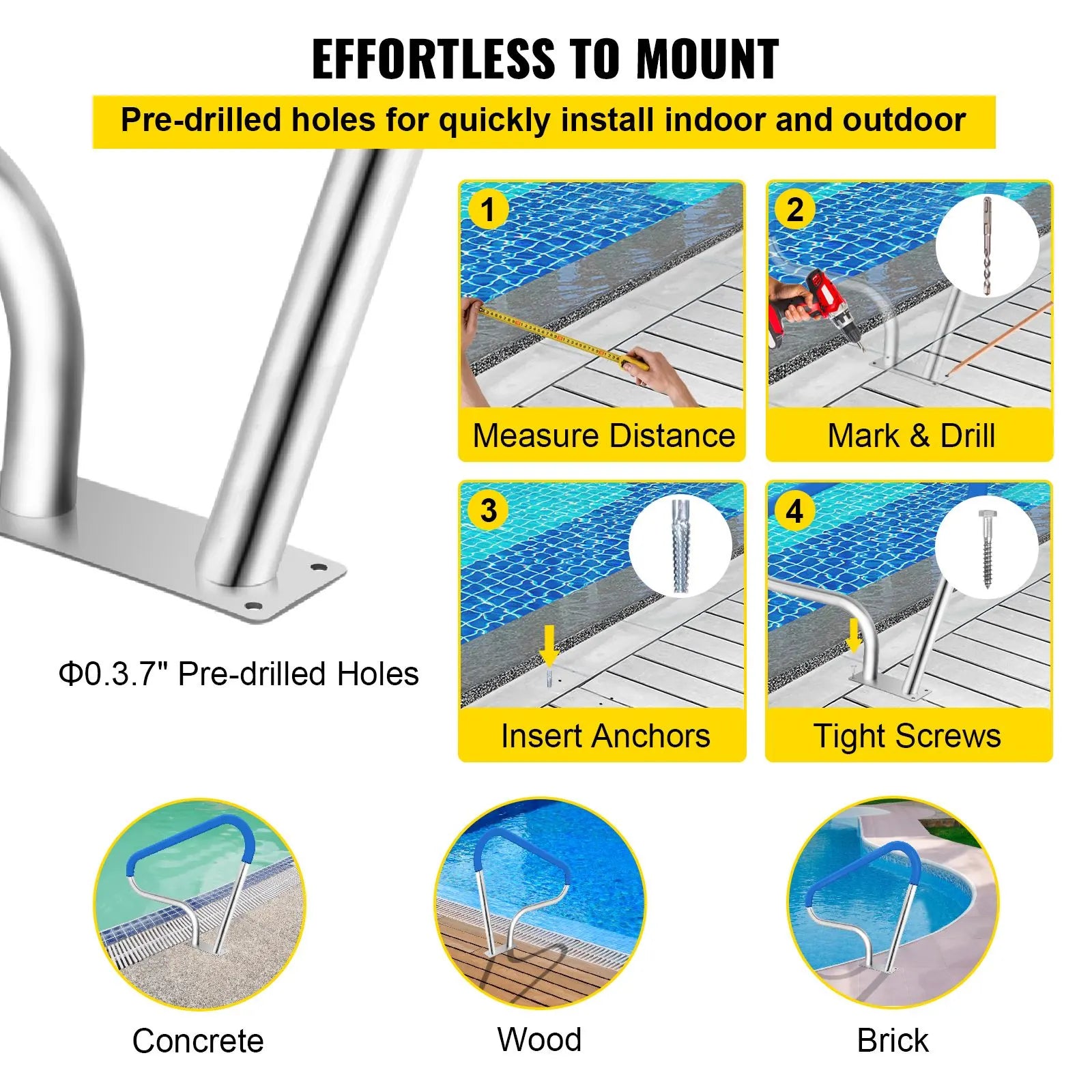 Pool Rail 39x32 Pool Railing 304 Stainless Steel 250LBS Load Capacity Silver Rustproof Pool Handrail Humanized Swimming Pool Handrail with Blue Grip Cover & M8 Drill Bit & Self-Taping Screws - Image 5