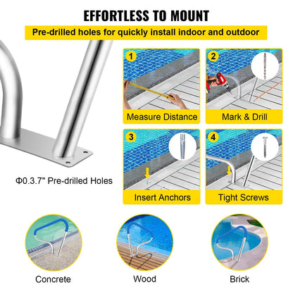 Pool Rail 39x32 Pool Railing 304 Stainless Steel 250LBS Load Capacity Silver Rustproof Pool Handrail Humanized Swimming Pool Handrail with Blue Grip Cover & M8 Drill Bit & Self-Taping Screws - Image 5