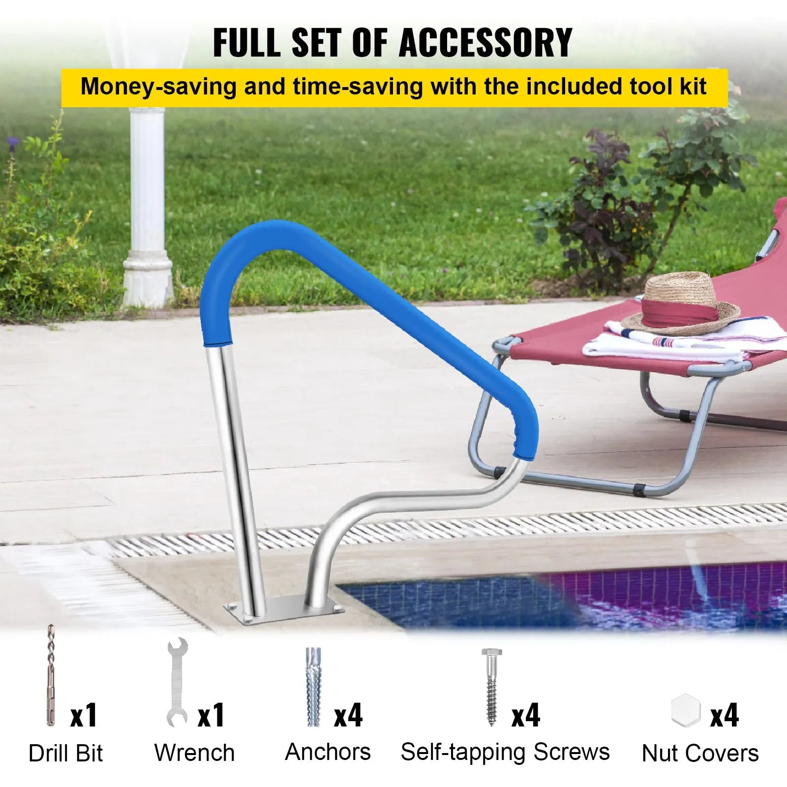 Pool Rail 39x32 Pool Railing 304 Stainless Steel 250LBS Load Capacity Silver Rustproof Pool Handrail Humanized Swimming Pool Handrail with Blue Grip Cover & M8 Drill Bit & Self-Taping Screws - Image 6