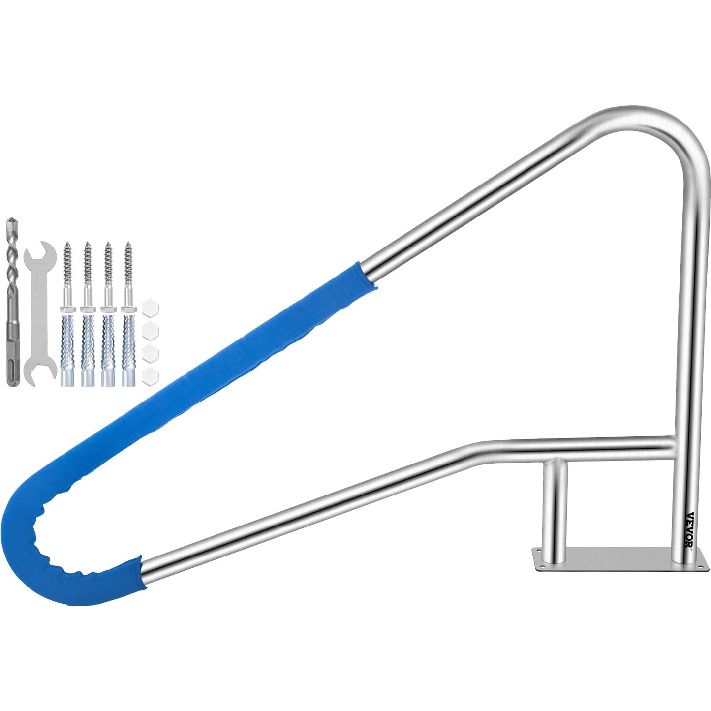 Pool Rail 55x32 Pool Railing 304 Stainless Steel 250LBS Load Capacity Silver Rustproof Pool Handrail Humanized Swimming Pool Handrail with Blue Grip Cover & M8 Drill Bit & Self-Taping Screws
