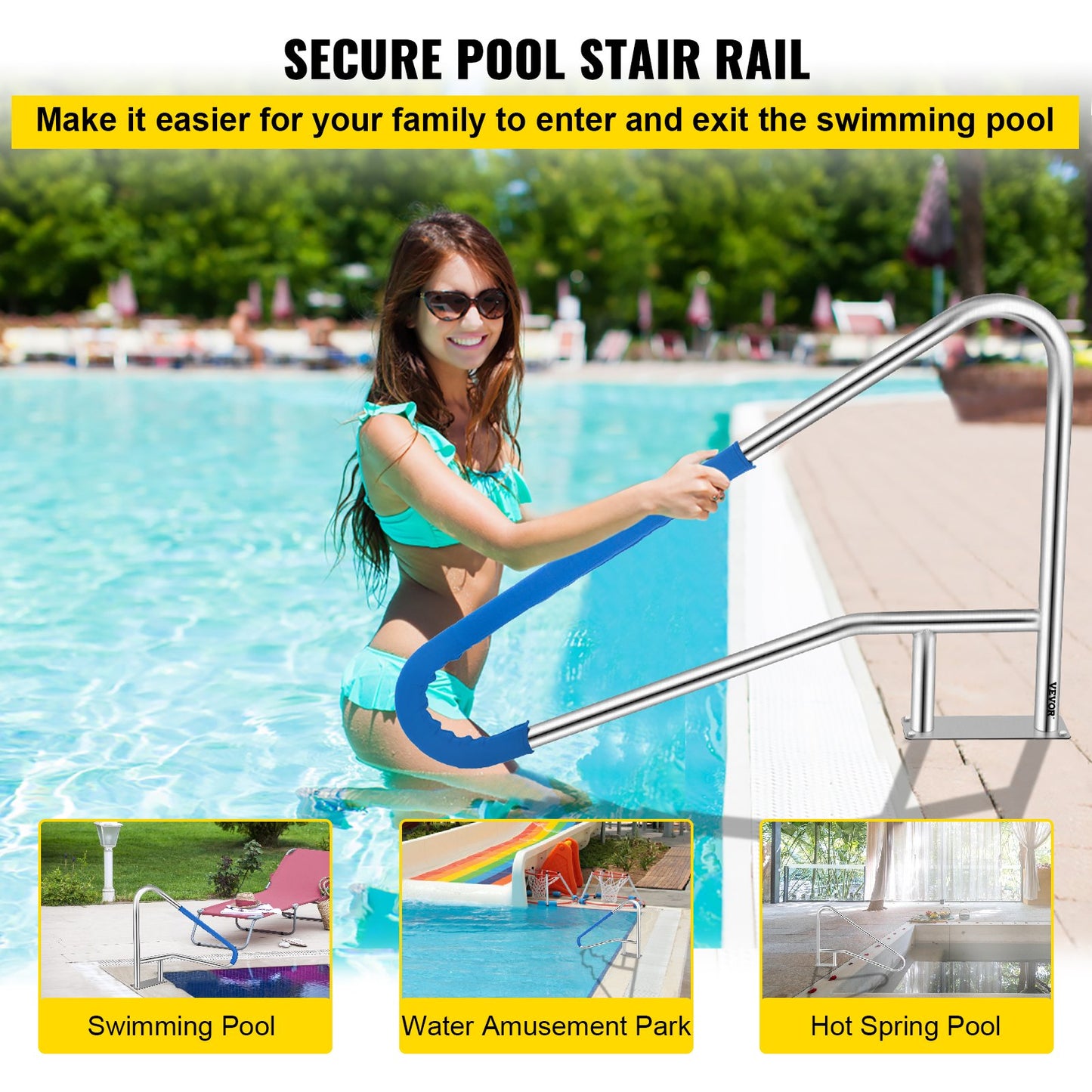 Pool Rail 55x32 Pool Railing 304 Stainless Steel 250LBS Load Capacity Silver Rustproof Pool Handrail Humanized Swimming Pool Handrail with Blue Grip Cover & M8 Drill Bit & Self-Taping Screws - Image 2