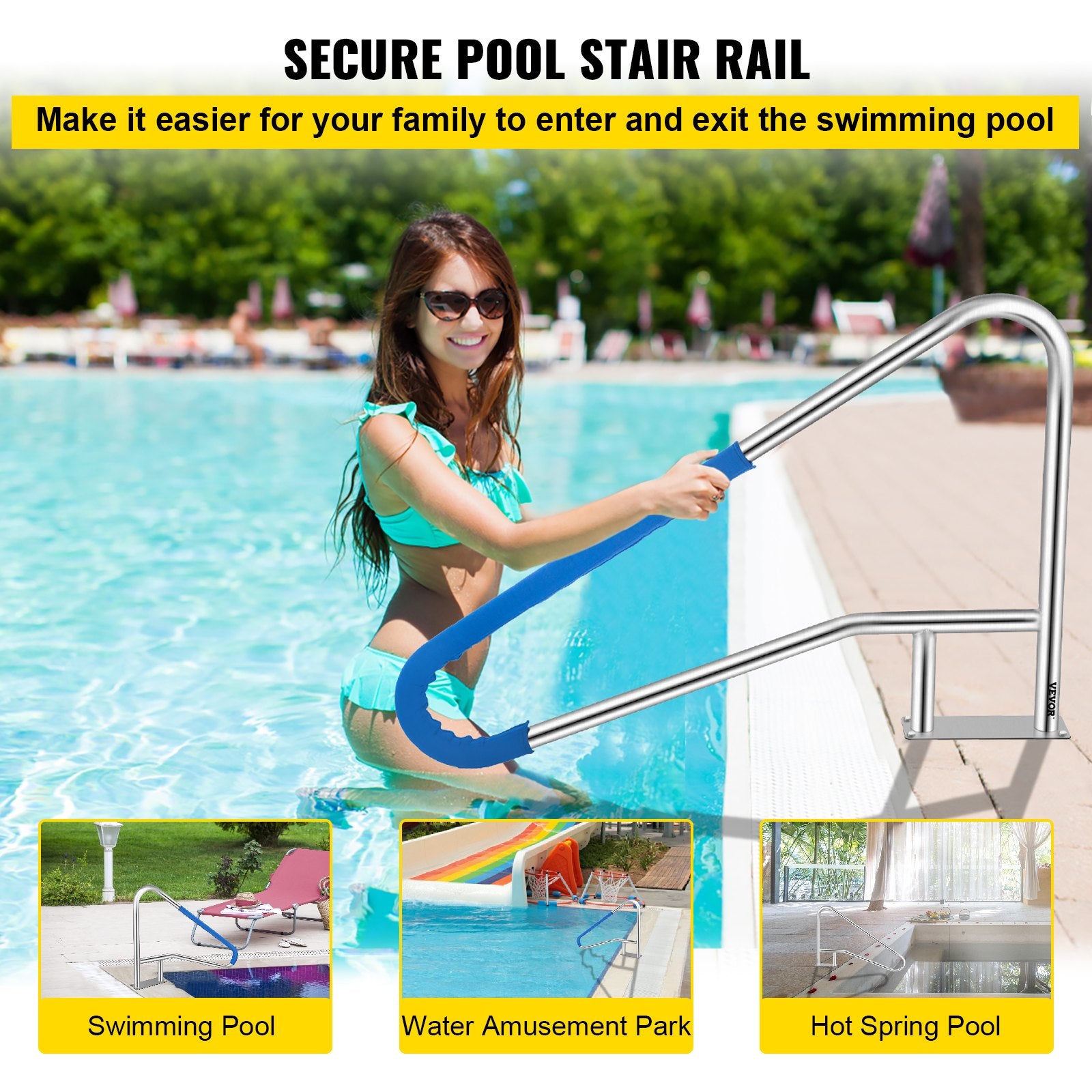 Pool Rail 55x32 Pool Railing 304 Stainless Steel 250LBS Load Capacity Silver Rustproof Pool Handrail Humanized Swimming Pool Handrail with Blue Grip Cover & M8 Drill Bit & Self-Taping Screws - Image 2