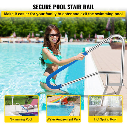 Pool Rail 55x32 Pool Railing 304 Stainless Steel 250LBS Load Capacity Silver Rustproof Pool Handrail Humanized Swimming Pool Handrail with Blue Grip Cover & M8 Drill Bit & Self-Taping Screws - Image 2