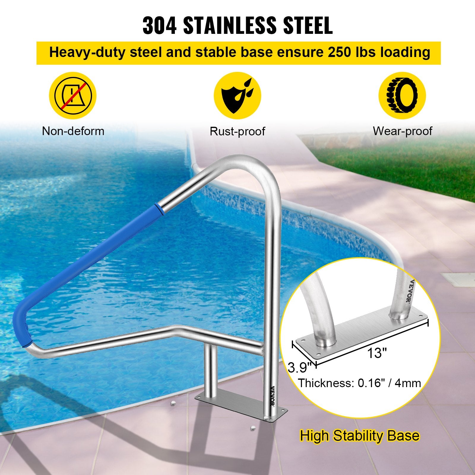 Pool Rail 55x32 Pool Railing 304 Stainless Steel 250LBS Load Capacity Silver Rustproof Pool Handrail Humanized Swimming Pool Handrail with Blue Grip Cover & M8 Drill Bit & Self-Taping Screws - Image 4