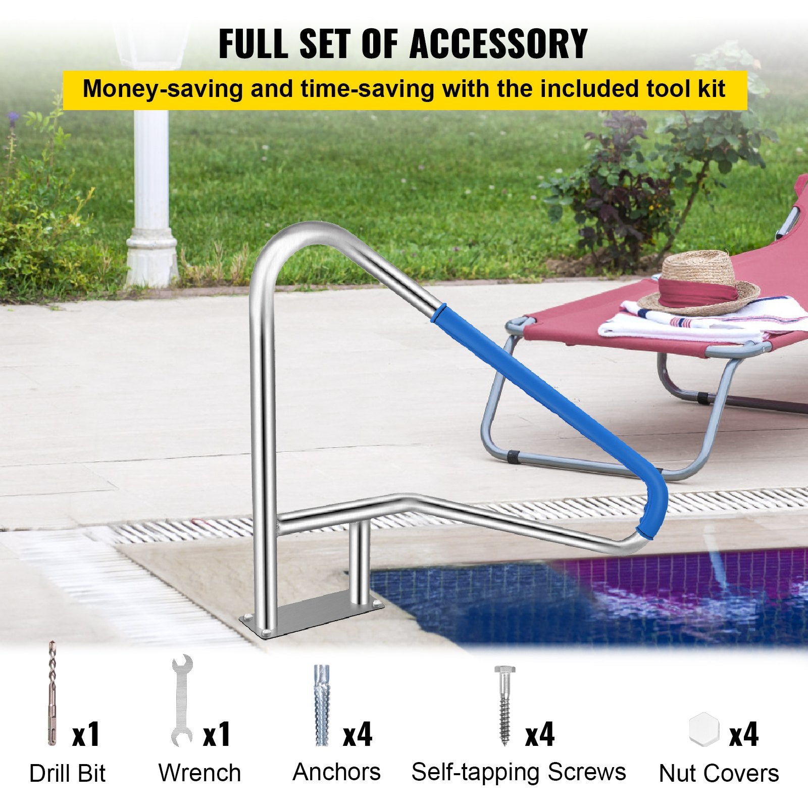 Pool Rail 55x32 Pool Railing 304 Stainless Steel 250LBS Load Capacity Silver Rustproof Pool Handrail Humanized Swimming Pool Handrail with Blue Grip Cover & M8 Drill Bit & Self-Taping Screws - Image 6