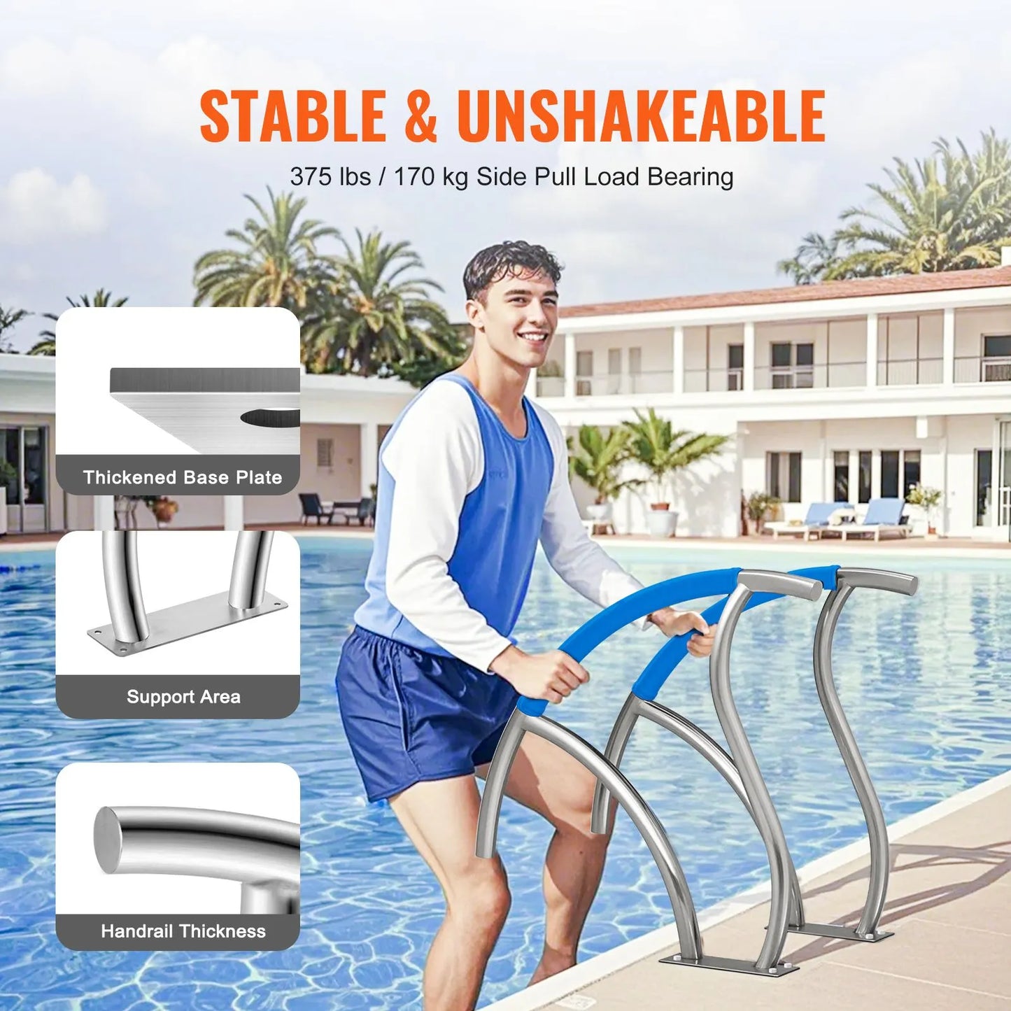 Pool Handrail 2 PCS 30x30in Stainless Steel with Base Plate for Spas - Image 3