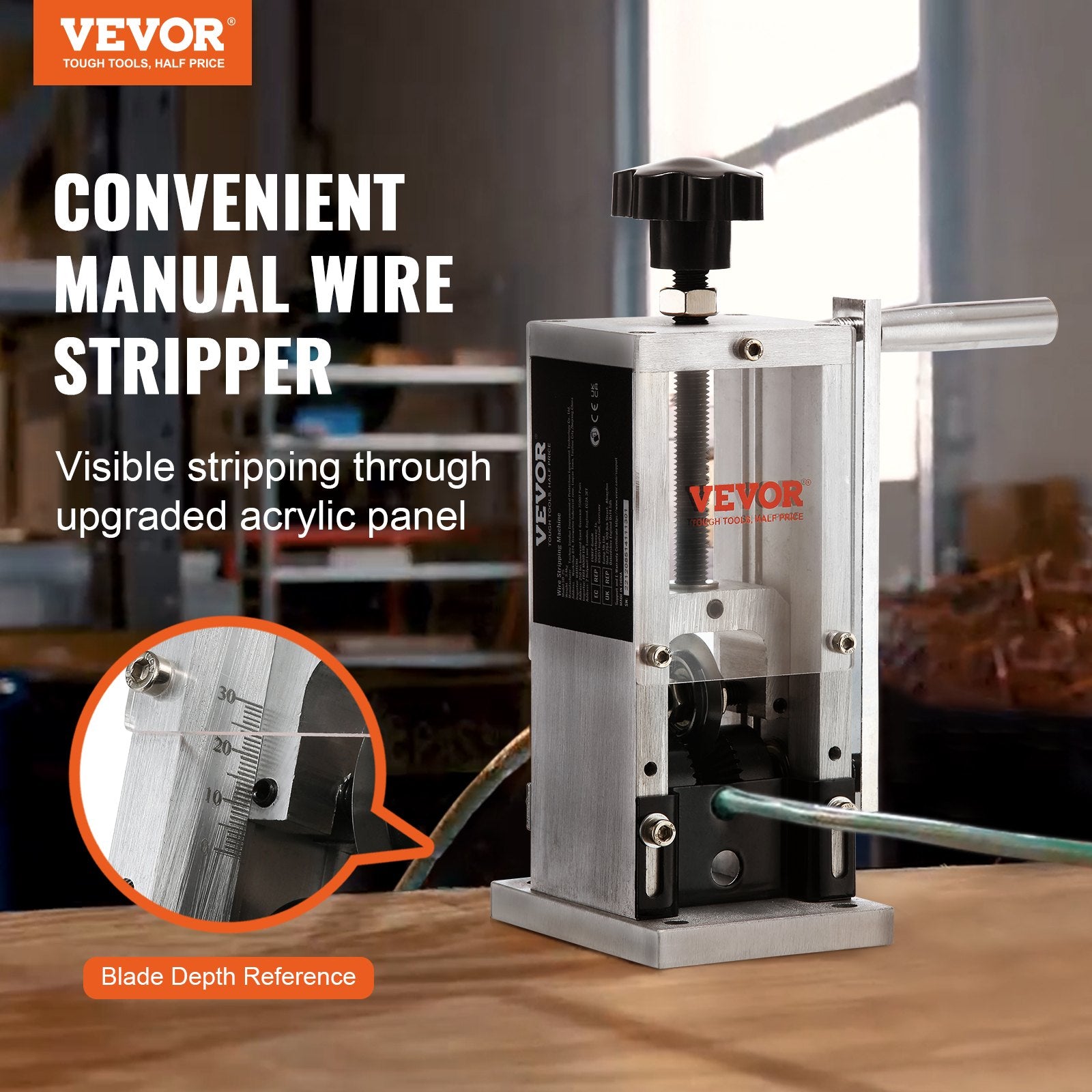 Manual Wire Stripping Machine, 0.06''-0.98'' Copper Stripper with Hand Crank or Drill Powered, Visible Stripping Depth Reference, Portable Aluminum Frame Wire Peeler for Scrap Copper Recycling - Image 2