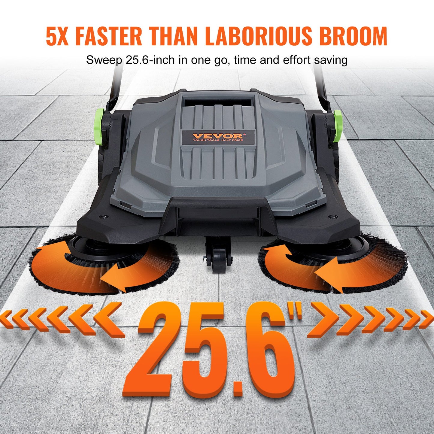 Walk-behind Hand Push Floor Sweeper 25.6" Width 5 Gallon Waste Container - Image 3