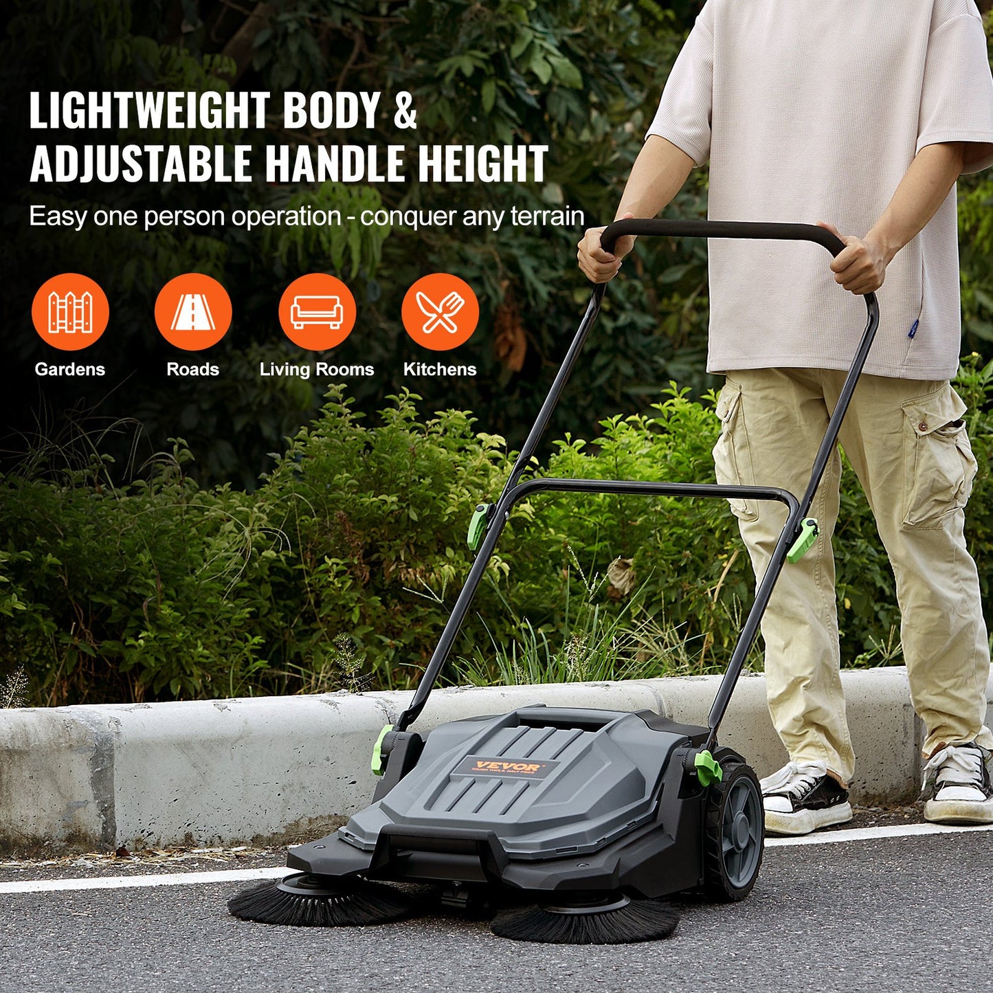 Walk-behind Hand Push Floor Sweeper 25.6" Width 5 Gallon Waste Container - Image 4