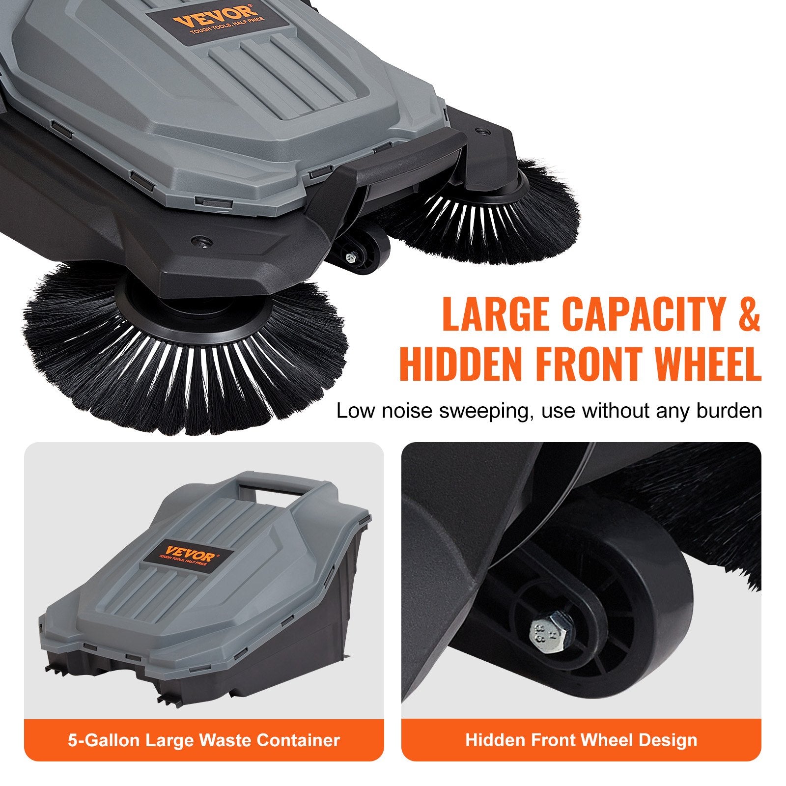Walk-behind Hand Push Floor Sweeper 25.6" Width 5 Gallon Waste Container - Image 6