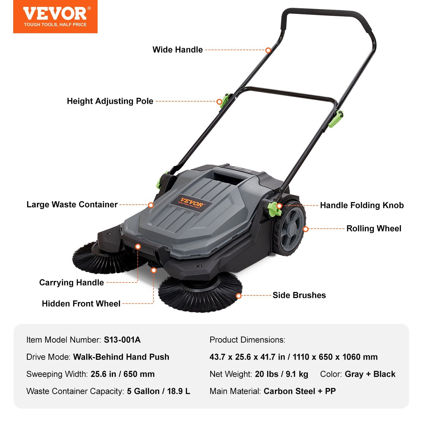 Walk-behind Hand Push Floor Sweeper 25.6" Width 5 Gallon Waste Container - Image 7