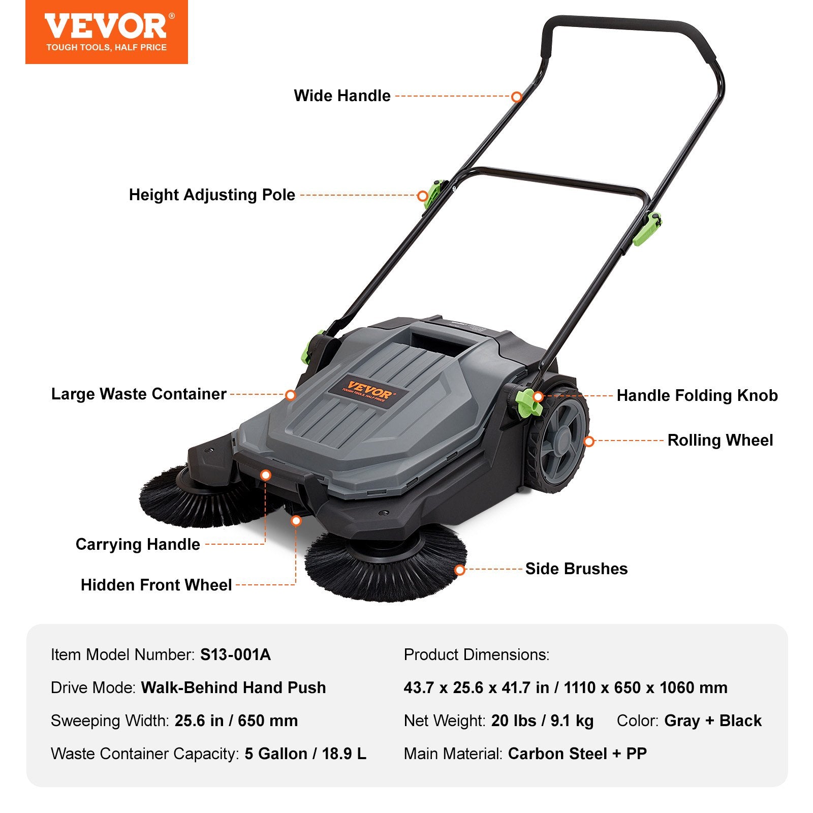 Walk-behind Hand Push Floor Sweeper 25.6" Width 5 Gallon Waste Container - Image 7