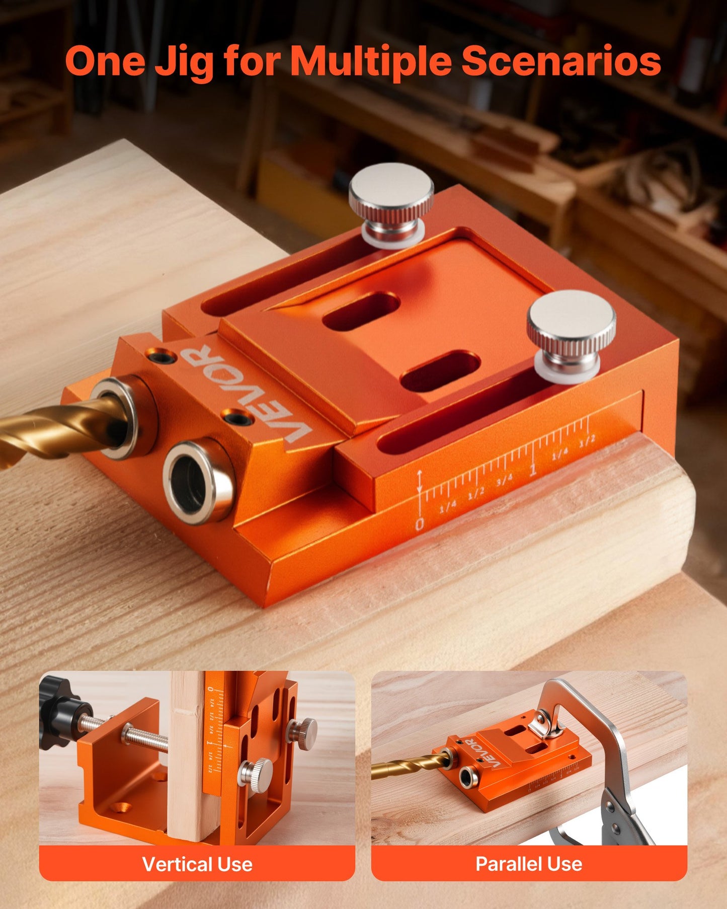 Pocket Hole Jig Kit, 12 mm to 48 mm Adjustable, Jig Pocket Hole System with Step Drill, Hex Wrench, Drill Stop Ring, Square Drive Bit, Plugs and Screws, Reinforced Metal Frame, for Woodworking - Image 5