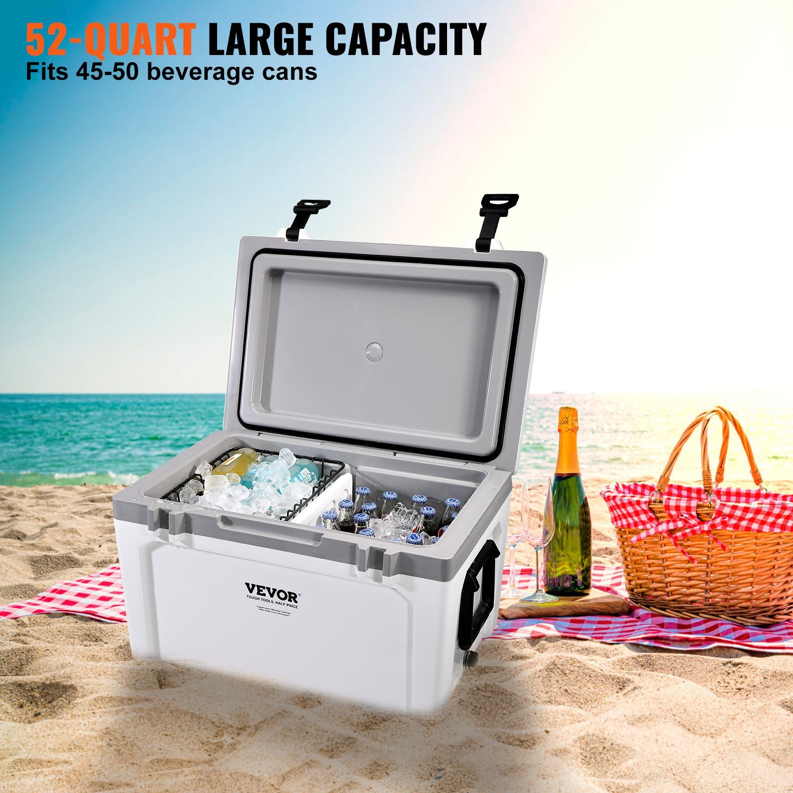 Insulated Portable Cooler, 49 L, Holds 50 Cans, Ice Retention Hard Cooler with Heavy Duty Handle, Ice Chest Lunch Box for Camping, Beach, Picnic, Travel, Outdoor, Keeps Ice for up to 6 Days - Image 4