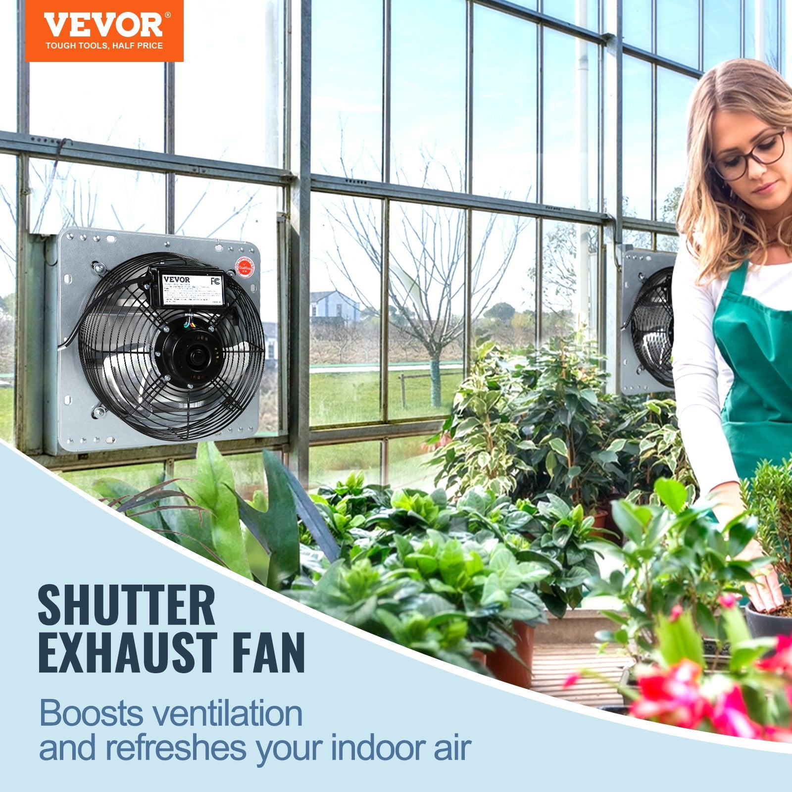 Shutter Exhaust Fan, 406 mm High-speed 1400RPM 1506 CFM, Aluminum Wall Mount Attic Fan with AC-motor, Ventilation and Cooling for Greenhouses, Garages, Sheds, Shops - Image 2