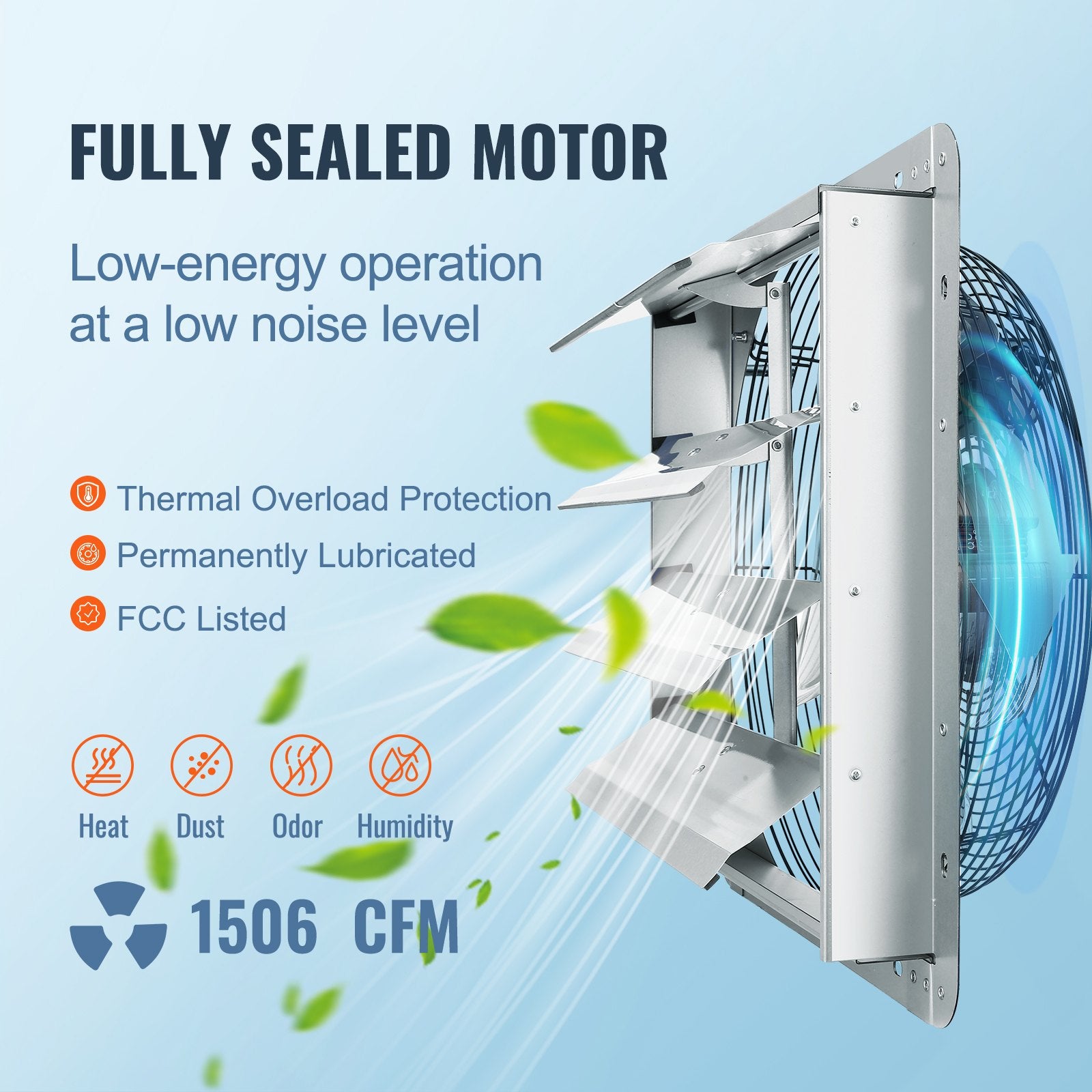Shutter Exhaust Fan, 406 mm High-speed 1400RPM 1506 CFM, Aluminum Wall Mount Attic Fan with AC-motor, Ventilation and Cooling for Greenhouses, Garages, Sheds, Shops - Image 3