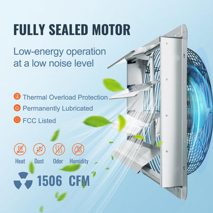 Shutter Exhaust Fan, 406 mm High-speed 1400RPM 1506 CFM, Aluminum Wall Mount Attic Fan with AC-motor, Ventilation and Cooling for Greenhouses, Garages, Sheds, Shops - Image 3