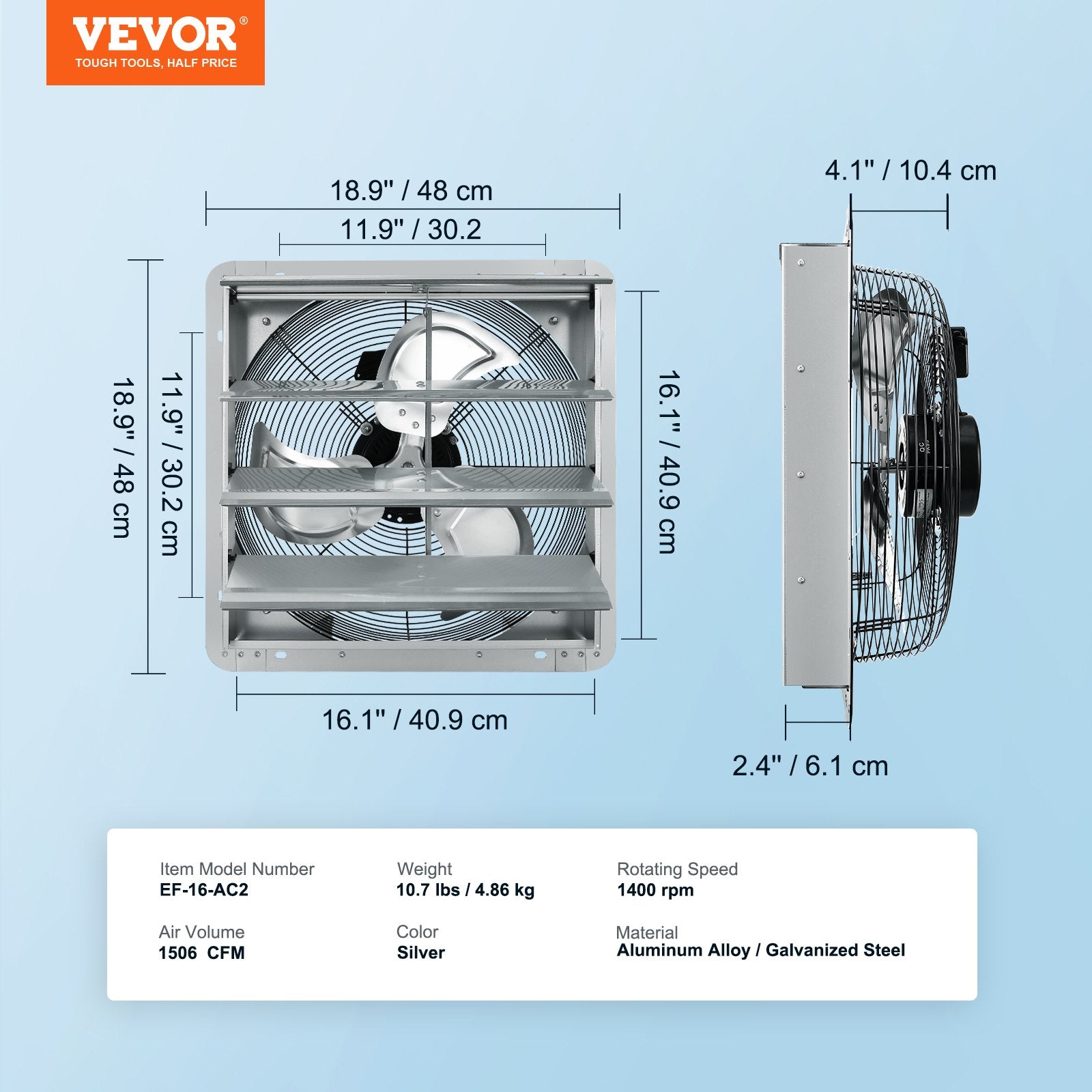 Shutter Exhaust Fan, 406 mm High-speed 1400RPM 1506 CFM, Aluminum Wall Mount Attic Fan with AC-motor, Ventilation and Cooling for Greenhouses, Garages, Sheds, Shops - Image 7