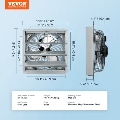 Shutter Exhaust Fan, 406 mm High-speed 1400RPM 1506 CFM, Aluminum Wall Mount Attic Fan with AC-motor, Ventilation and Cooling for Greenhouses, Garages, Sheds, Shops - Image 7