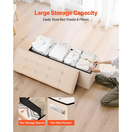 Foldable Storage Ottoman Bench, End of Bed Bench with Side Bags, Folding Upholstered Storage Chest Supports 660 lbs, Linen Bed Ottoman with Large Space for Living Room, Bedroom, Entryway, Beige - Image 2