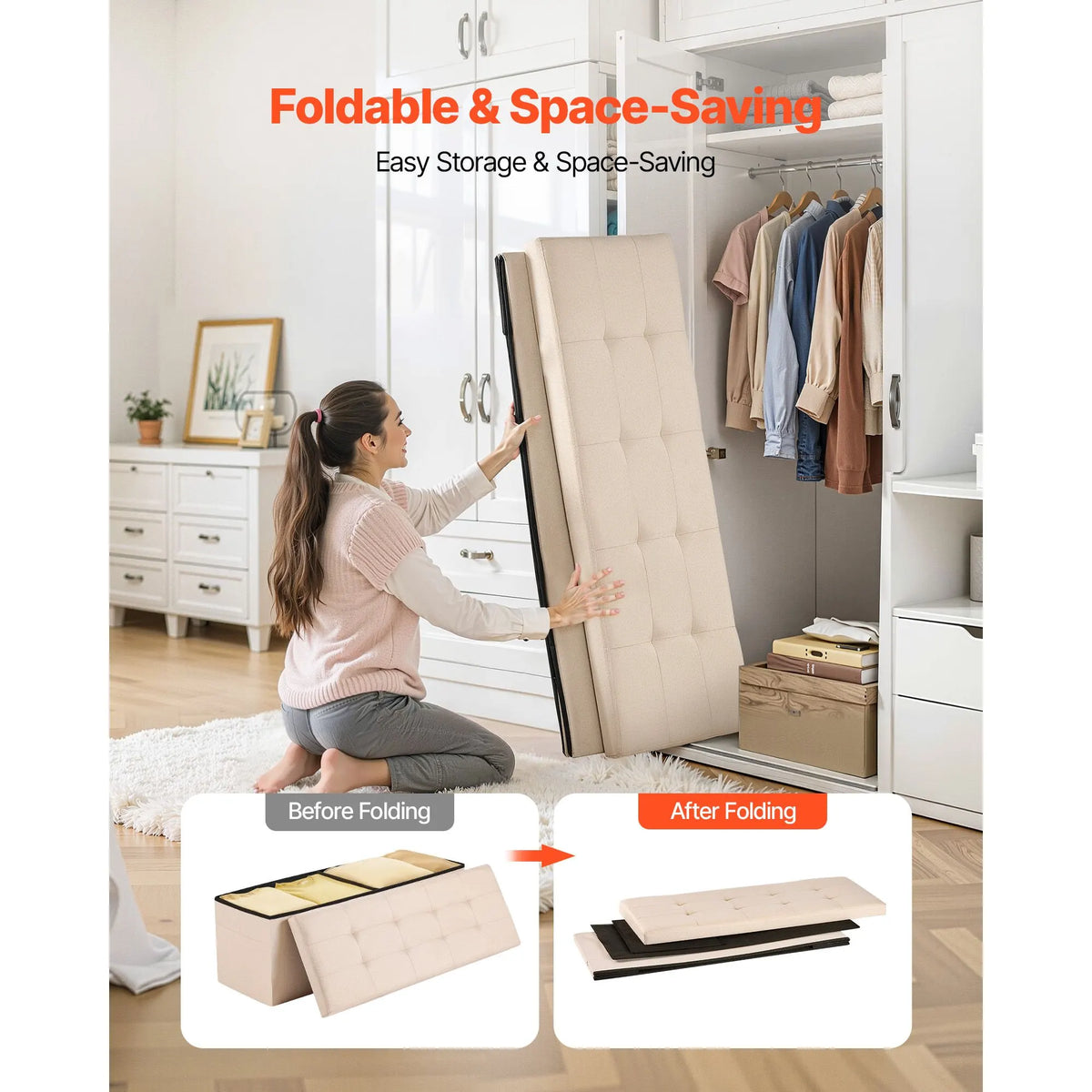 Foldable Storage Ottoman Bench, End of Bed Bench with Side Bags, Folding Upholstered Storage Chest Supports 660 lbs, Linen Bed Ottoman with Large Space for Living Room, Bedroom, Entryway, Beige - Image 4