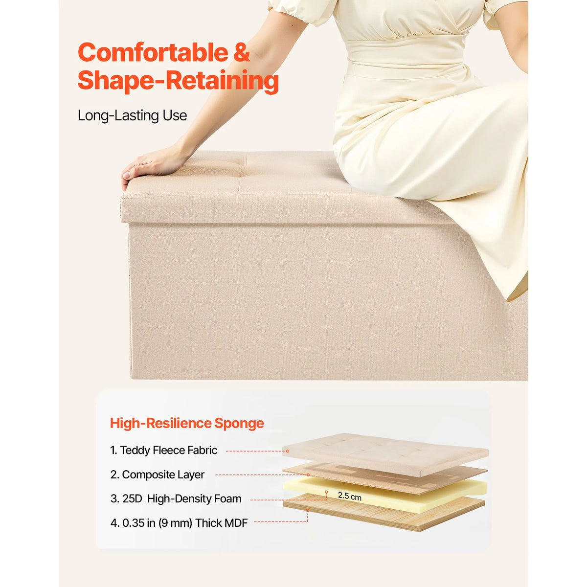 Foldable Storage Ottoman Bench, End of Bed Bench with Side Bags, Folding Upholstered Storage Chest Supports 660 lbs, Linen Bed Ottoman with Large Space for Living Room, Bedroom, Entryway, Beige - Image 5