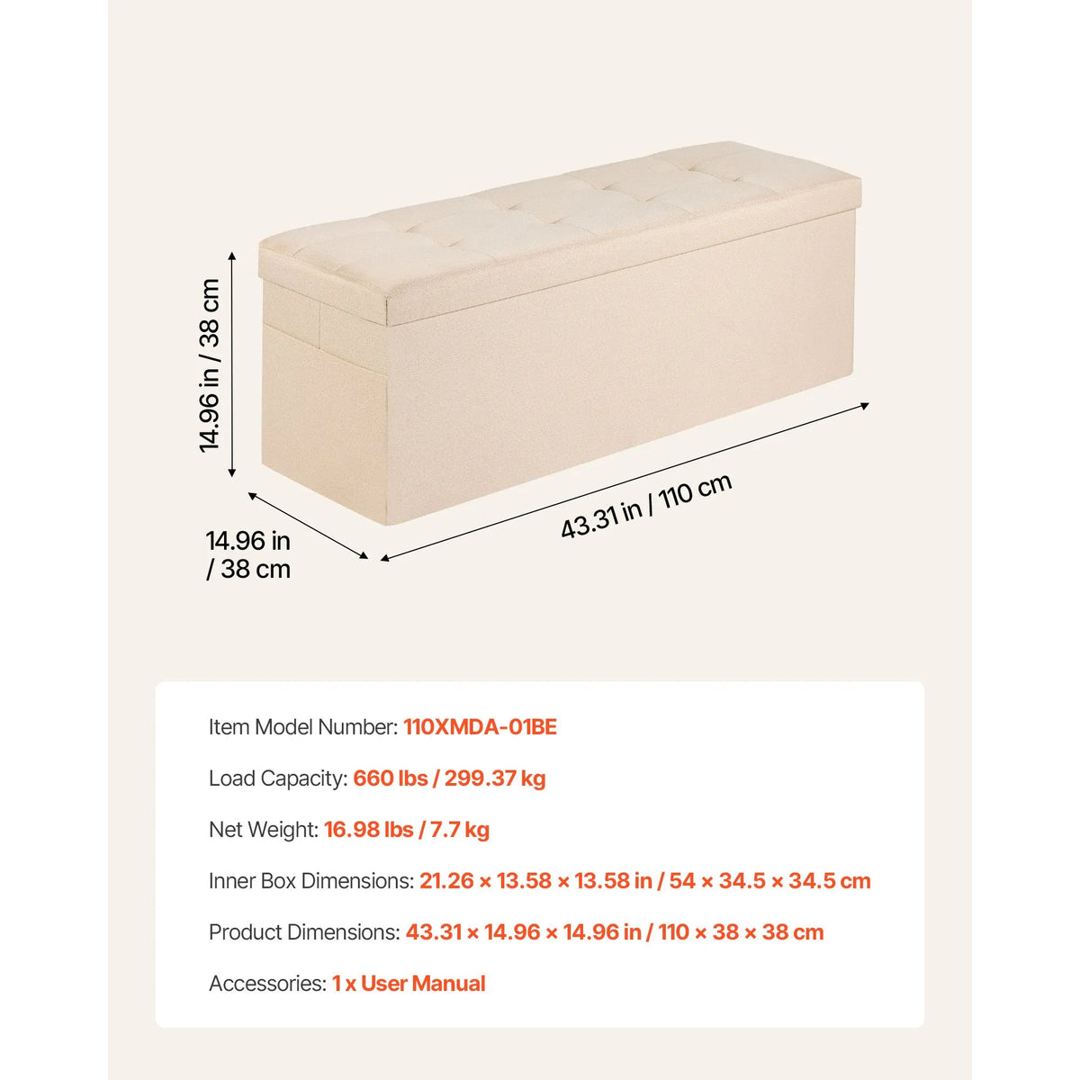 Foldable Storage Ottoman Bench, End of Bed Bench with Side Bags, Folding Upholstered Storage Chest Supports 660 lbs, Linen Bed Ottoman with Large Space for Living Room, Bedroom, Entryway, Beige - Image 7
