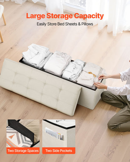 Foldable Storage Ottoman Bench, End of Bed Bench with Side Bags, Folding Upholstered Storage Chest Supports 660 lbs, Linen Bed Ottoman with Large Space for Living Room, Bedroom, Entryway, Beige - Image 2