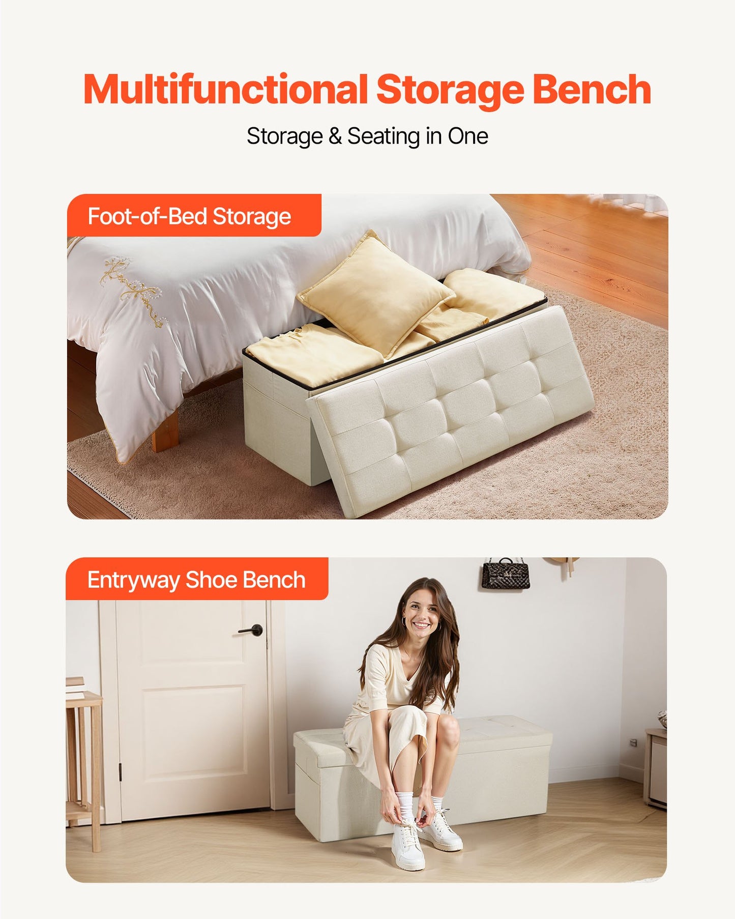 Foldable Storage Ottoman Bench, End of Bed Bench with Side Bags, Folding Upholstered Storage Chest Supports 660 lbs, Linen Bed Ottoman with Large Space for Living Room, Bedroom, Entryway, Beige - Image 3